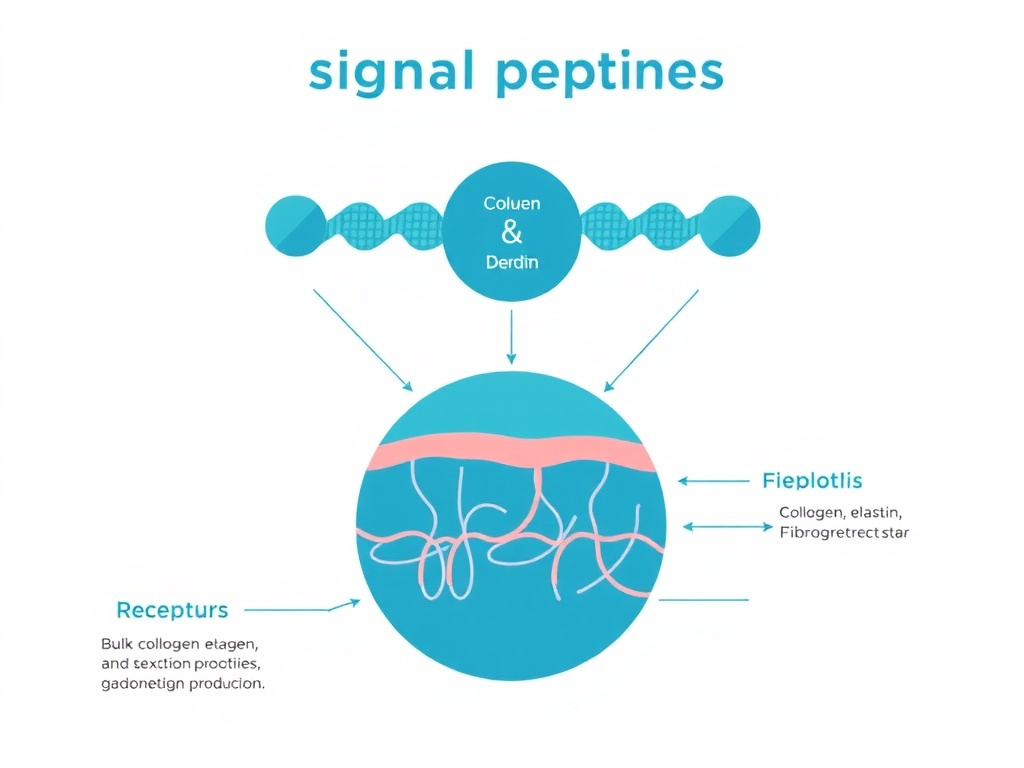 Diagram showing how signal peptides like Matrixyl interact with fibroblast receptors to stimulate collagen, elastin, and fibronectin production in the dermis