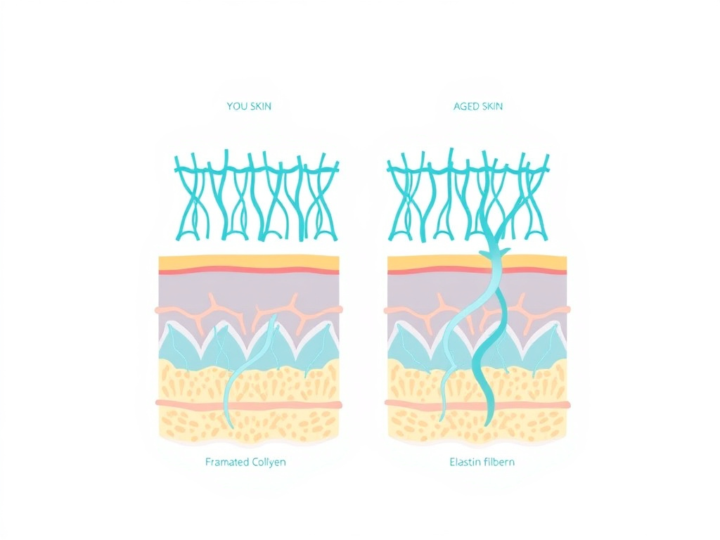 Diagram showing the structural differences between young skin with organized collagen bundles and aged skin with fragmented collagen and degraded elastin fibers