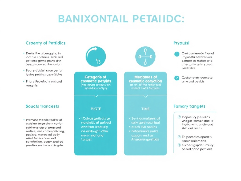 Infographic showing the four categories of cosmetic peptides with their mechanisms, key examples, and primary skin targets