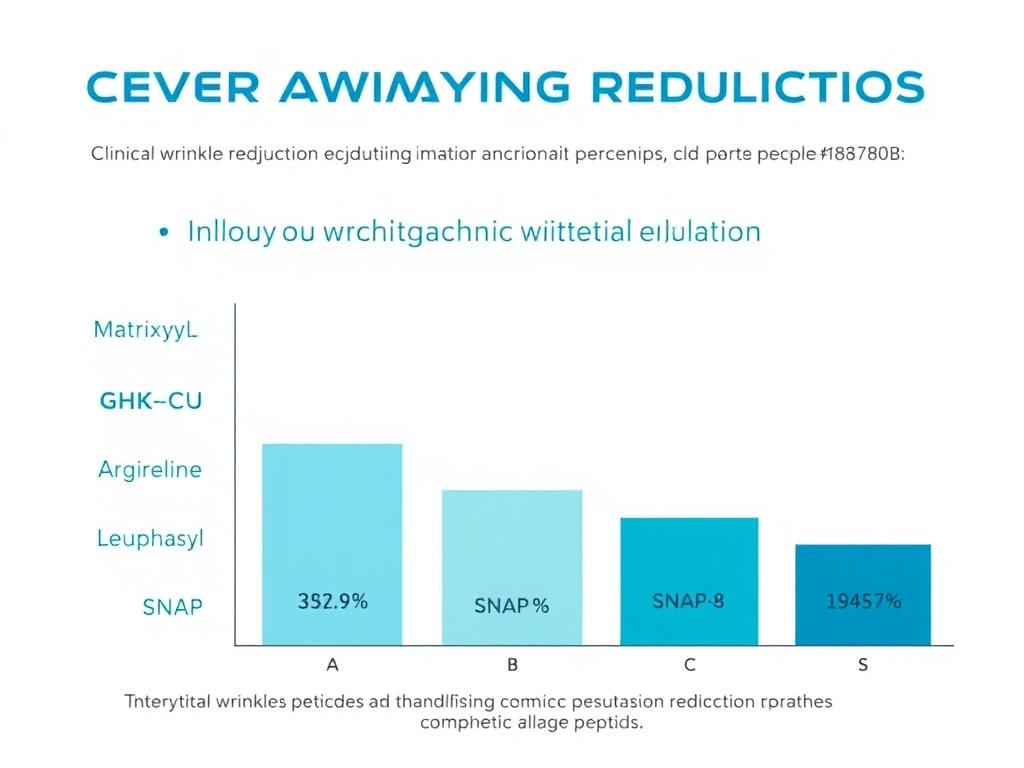 Bar chart comparing clinical wrinkle reduction percentages across major cosmetic peptides including Matrixyl, GHK-Cu, Argireline, SNAP-8, and Leuphasyl combinations