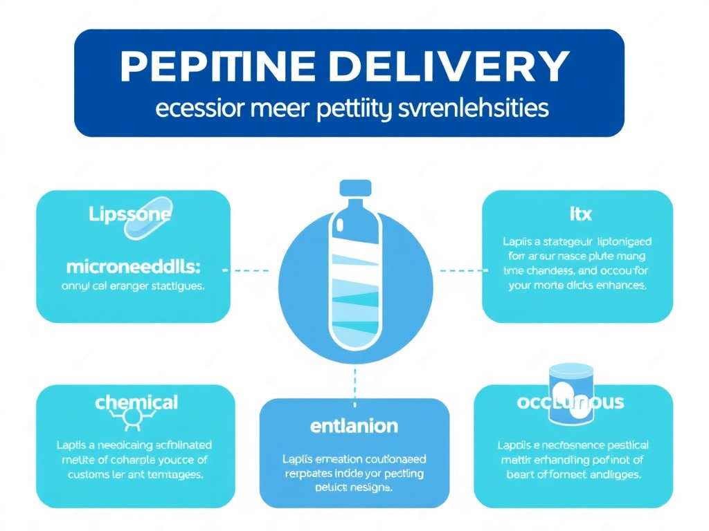 Infographic showing various peptide delivery enhancement strategies including liposomes, microneedles, chemical enhancers, and occlusion techniques