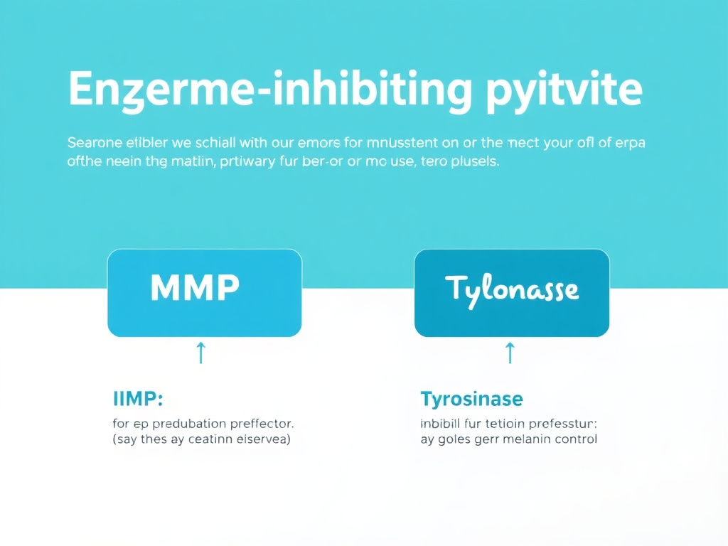Diagram showing enzyme-inhibiting peptide pathways including MMP inhibition for collagen preservation and tyrosinase inhibition for melanin control