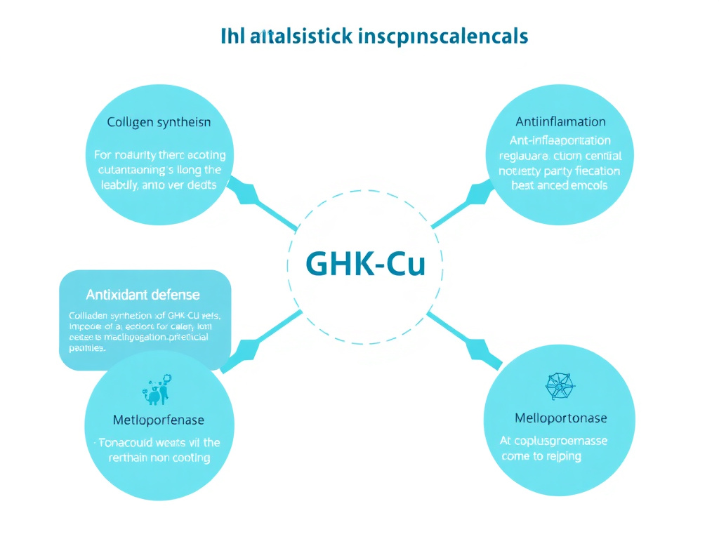 Diagram illustrating the multiple mechanisms of GHK-Cu including collagen synthesis, anti-inflammatory effects, antioxidant defense, and metalloproteinase regulation