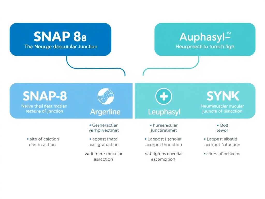 Comparison diagram showing the different sites of action for SNAP-8, Argireline, Leuphasyl, and SYN-AKE at the neuromuscular junction