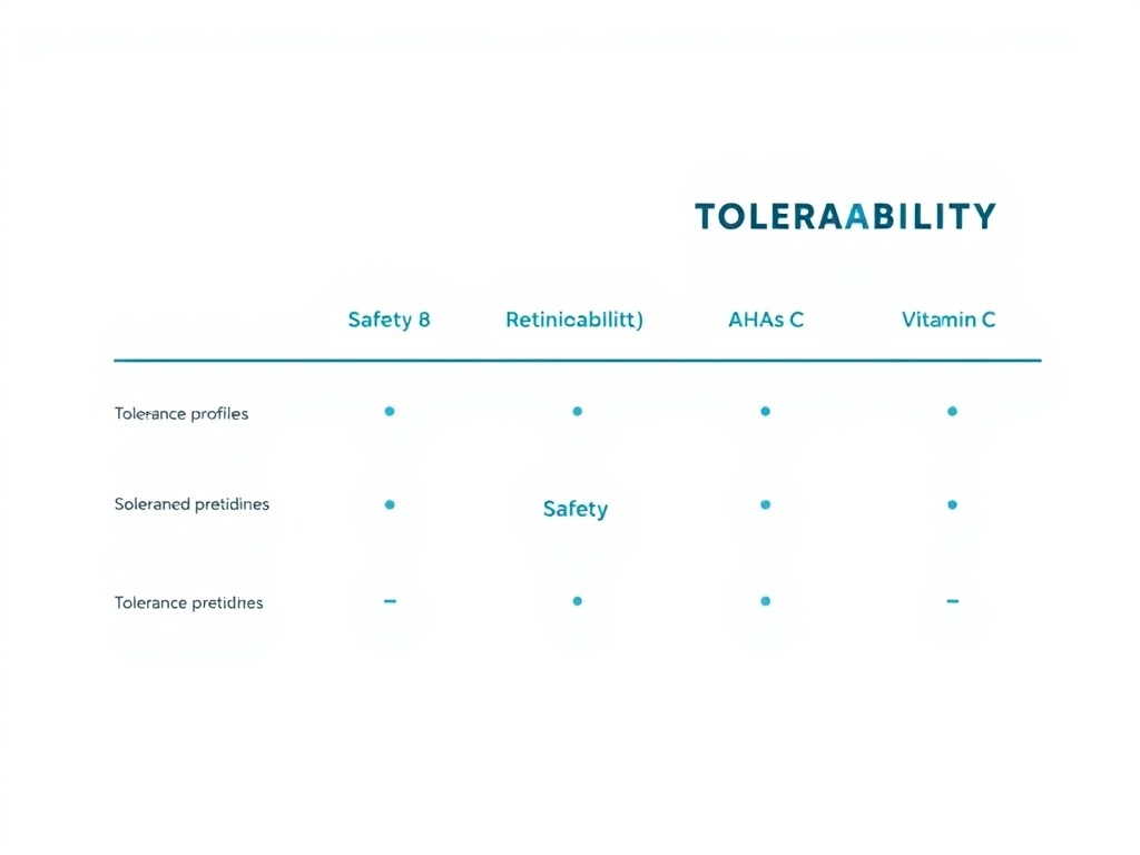 Safety and tolerability comparison chart showing cosmetic peptides versus retinoids, AHAs, and vitamin C, demonstrating peptides' superior tolerance profile