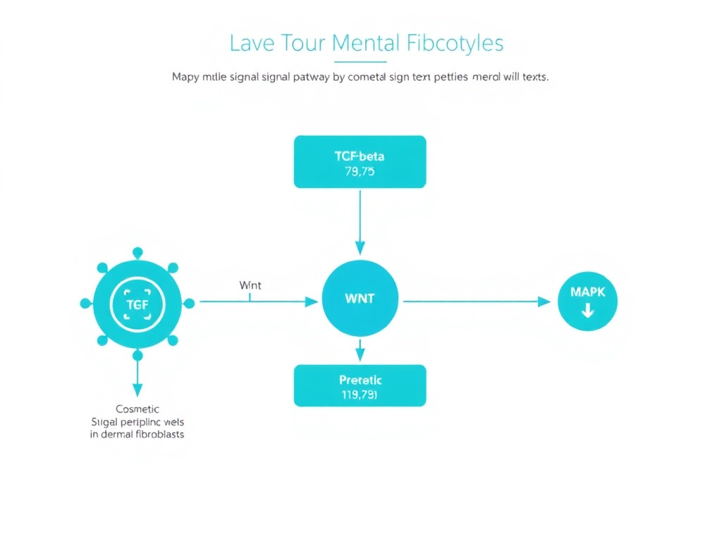 Detailed molecular diagram showing TGF-beta, Wnt, and MAPK signaling pathways activated by cosmetic signal peptides in dermal fibroblasts