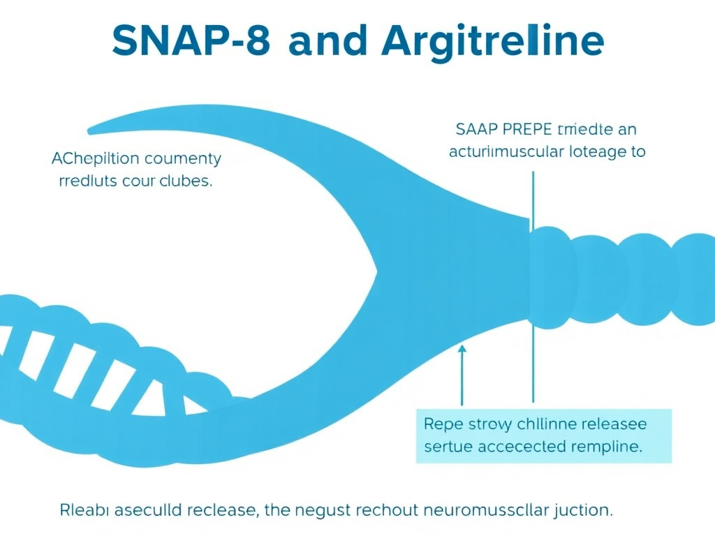 Molecular diagram showing how SNAP-8 and Argireline interfere with SNARE complex assembly to reduce acetylcholine release at the neuromuscular junction