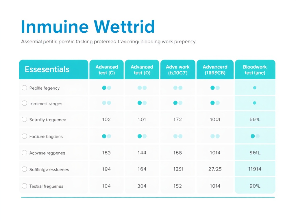 Blood work monitoring panel showing essential and advanced tests for immune peptide protocol tracking with optimal ranges and testing frequency