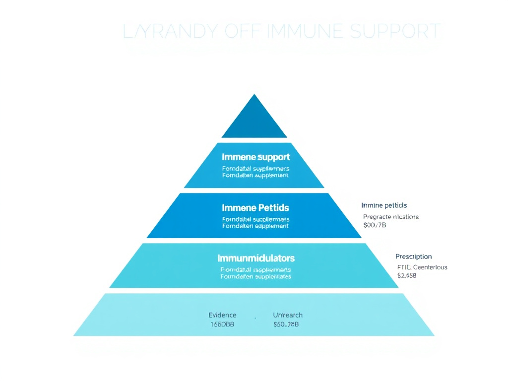 Pyramid diagram showing the hierarchy of immune support from foundation supplements through immune peptides to prescription immunomodulators with evidence levels and cost considerations