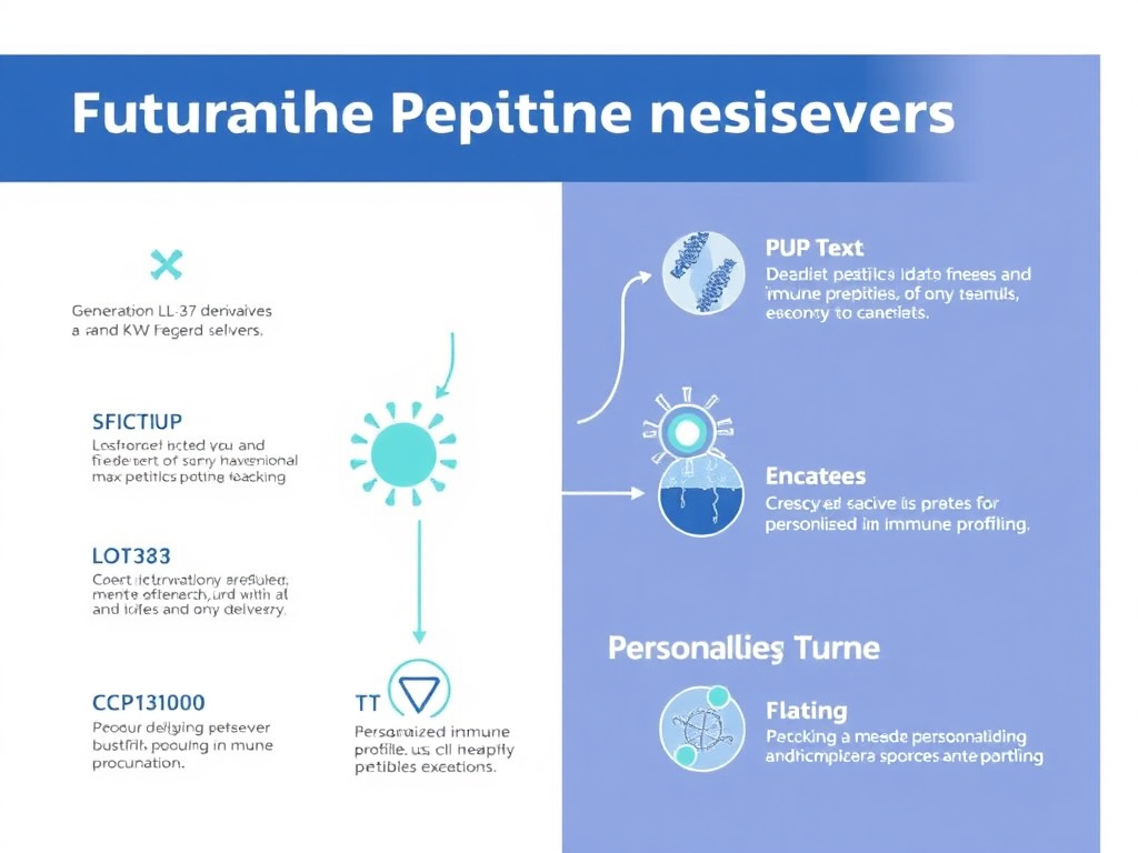 Infographic showing future directions in immune peptide research including next-generation LL-37 derivatives, KPV nanodelivery, Ta1-Fc fusion proteins, and personalized immune profiling