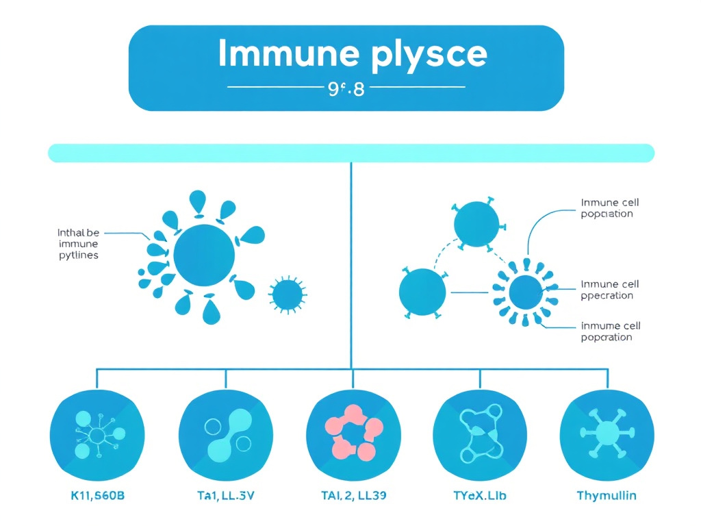 Diagram showing the innate and adaptive immune system components and how immune peptides Ta1, LL-37, KPV, and thymulin interact with different immune cell populations