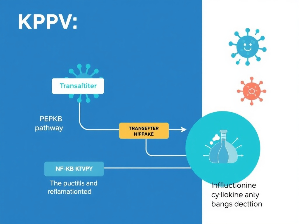 KPV mechanism showing PepT1 transporter uptake, NF-kB pathway inhibition, and downstream reduction in inflammatory cytokine production