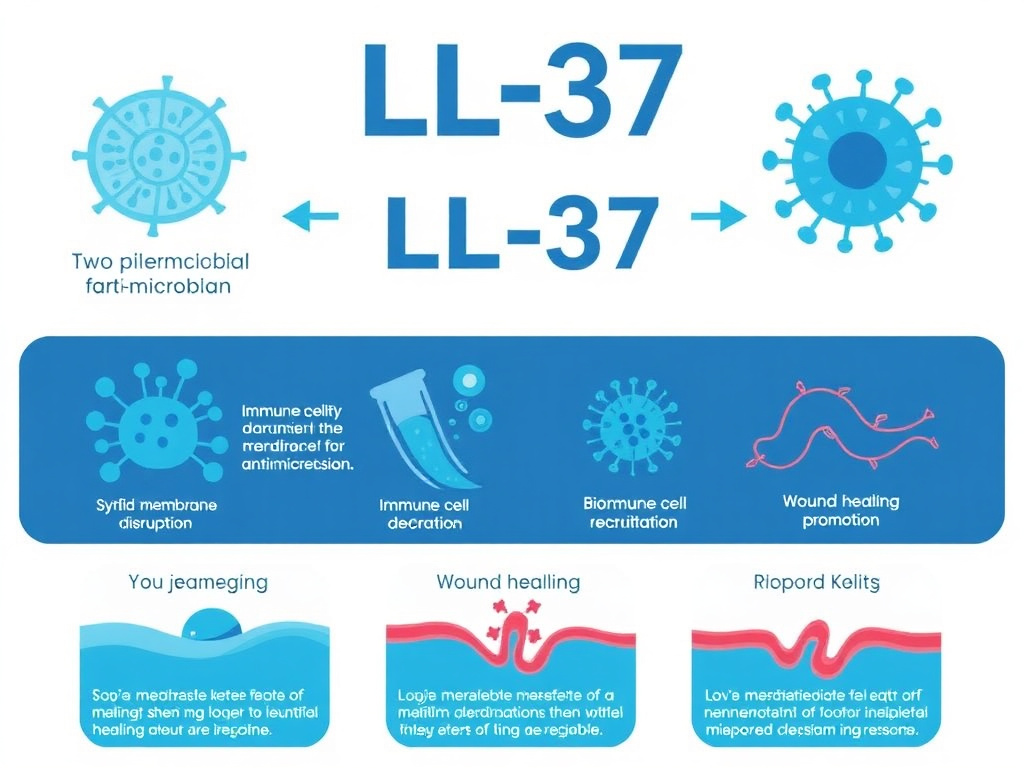 LL-37 antimicrobial mechanisms showing membrane disruption, biofilm degradation, immune cell recruitment, and wound healing promotion