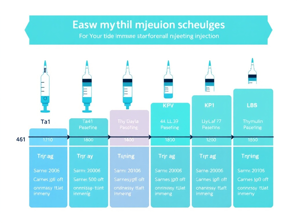 Weekly timeline showing optimal injection scheduling for a four-peptide immune stack including Ta1, LL-37, KPV, and thymulin with timing recommendations