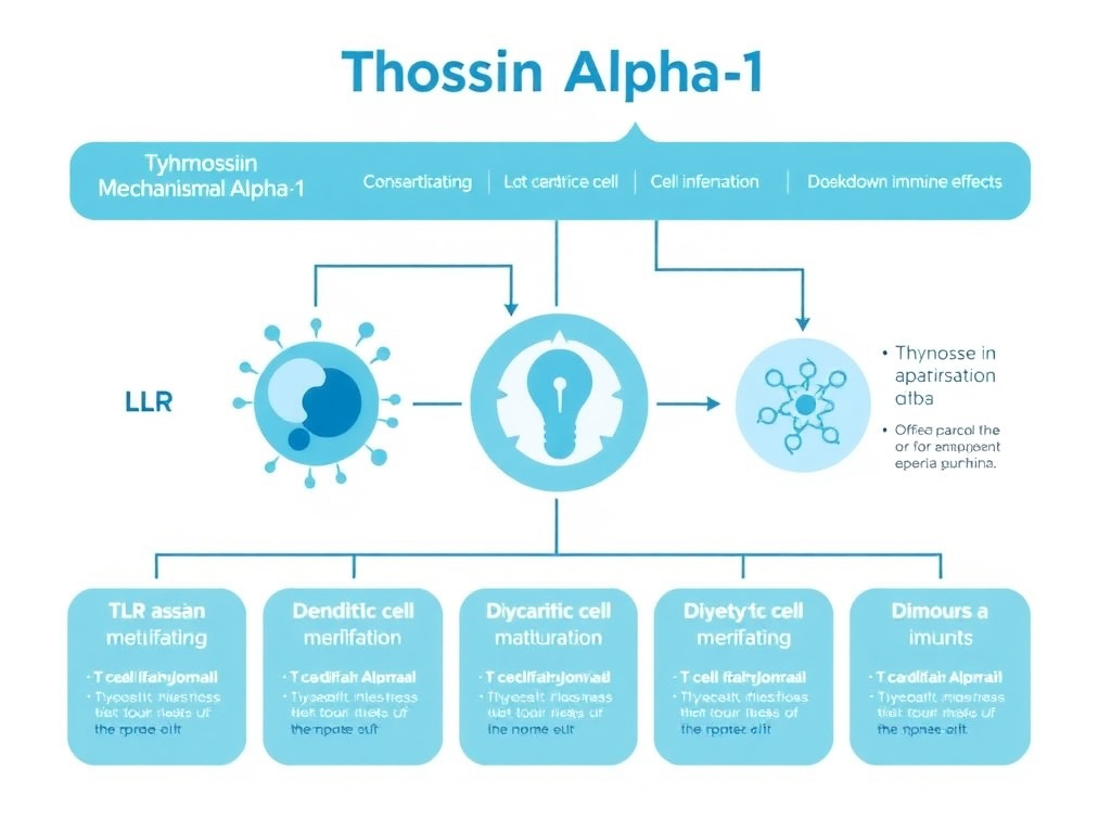 Thymosin Alpha-1 mechanism of action showing TLR activation, dendritic cell maturation, T-cell differentiation, and downstream immune effects