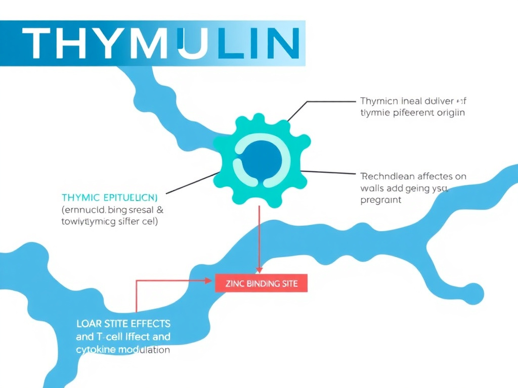 Thymulin structure showing zinc binding site, thymic epithelial cell origin, and downstream effects on T-cell differentiation and cytokine modulation