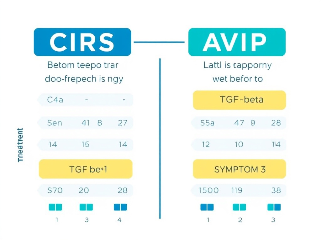 Chart showing CIRS biomarker changes before and after VIP treatment including C4a, TGF-beta 1, and symptom scores