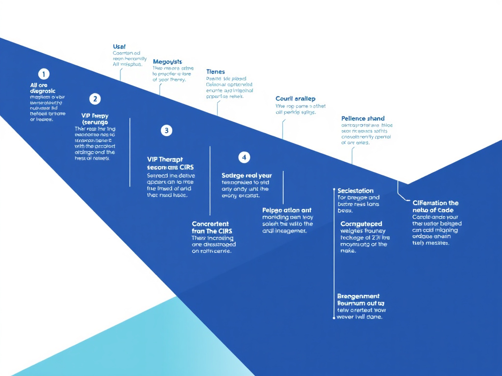 Timeline showing the complete CIRS treatment journey from diagnosis through VIP therapy and long-term monitoring, including potential retreatment scenarios