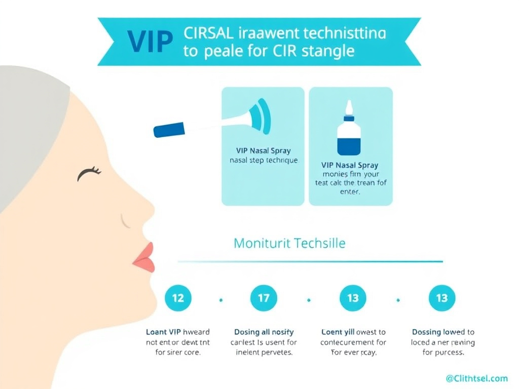 Visual guide showing VIP nasal spray administration technique, dosing schedule, and monitoring timeline for CIRS treatment