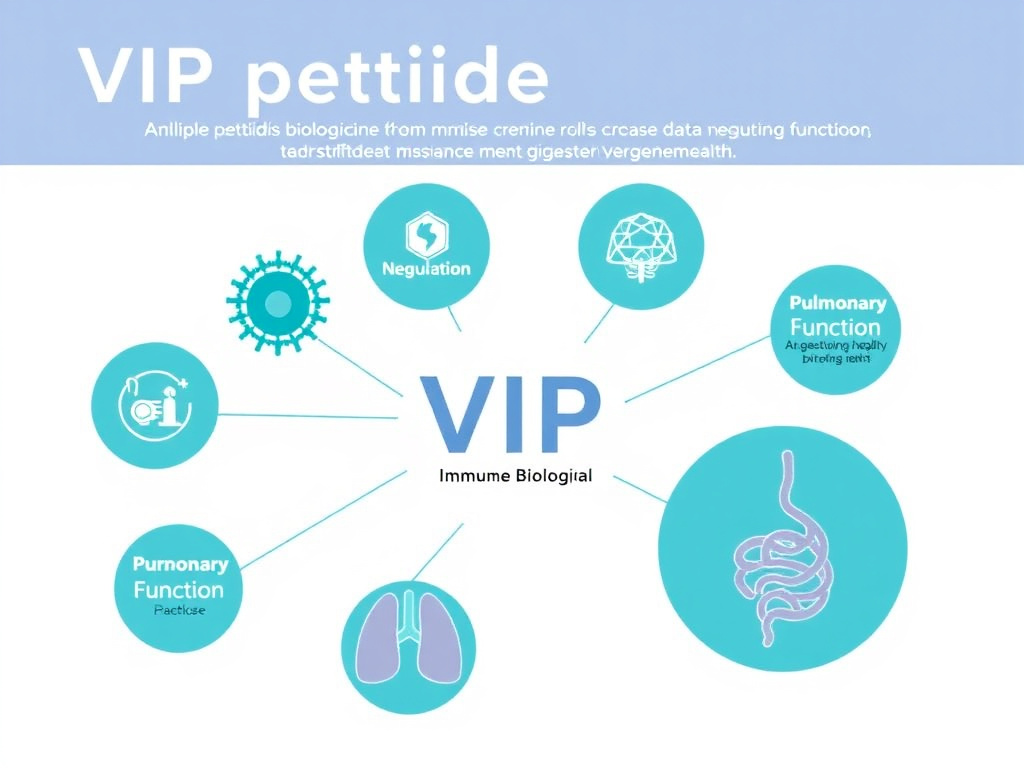 Infographic showing VIP peptide's multiple biological roles across immune regulation, neuroprotection, pulmonary function, and gastrointestinal health