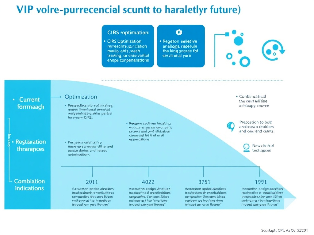 Visual roadmap showing current and future VIP research directions spanning CIRS optimization, novel formulations, receptor-selective analogs, combination therapies, and new clinical indications