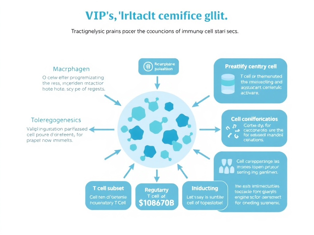 Comprehensive diagram showing VIP's effects on immune cell populations including macrophage polarization, dendritic cell tolerogenesis, T cell subset differentiation, and regulatory T cell induction
