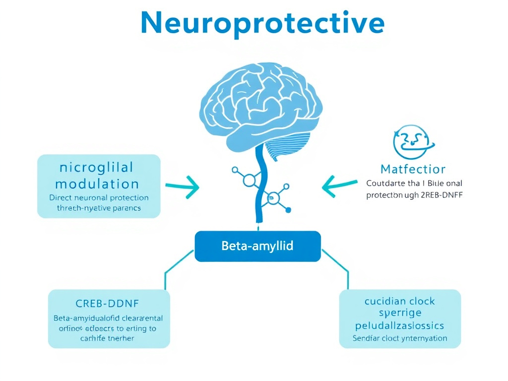 Diagram showing VIP's neuroprotective pathways including microglial modulation, direct neuronal protection through CREB-BDNF, beta-amyloid clearance, and circadian clock synchronization
