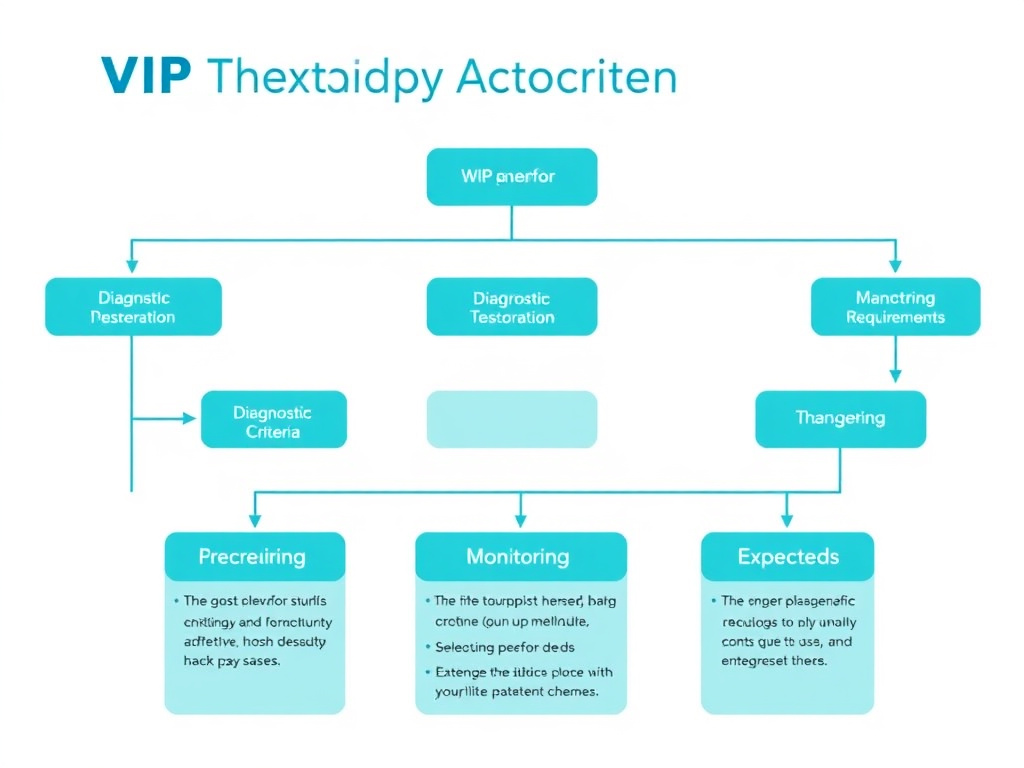 Clinical decision flowchart for VIP therapy patient selection, showing diagnostic criteria, prerequisites, monitoring requirements, and expected outcomes