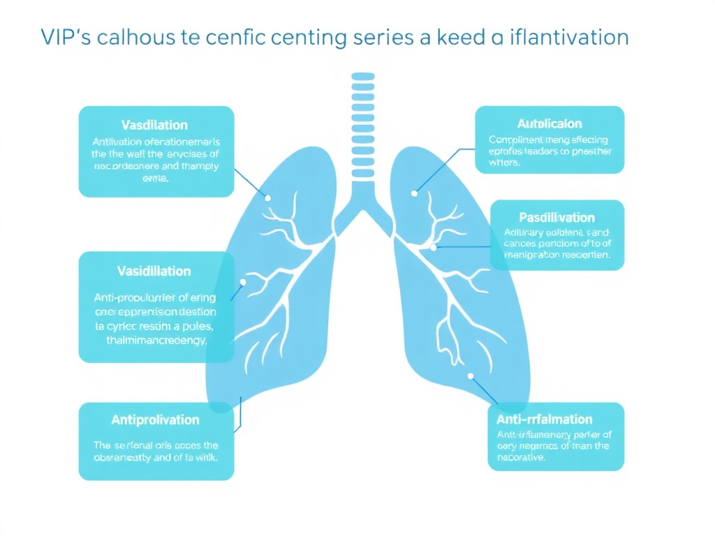Diagram showing VIP's mechanisms of action in pulmonary hypertension including vasodilation, anti-proliferation, and anti-inflammatory effects